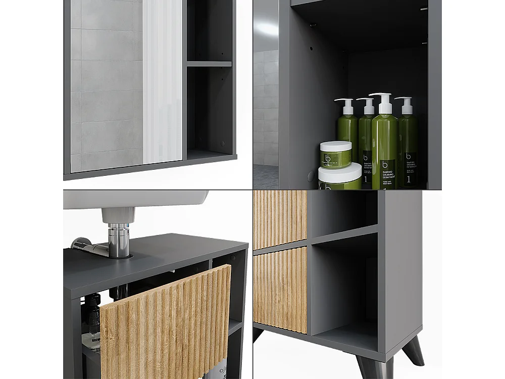 Set di mobili da bagno antracite/quercia di montagna 60x30x62 leano