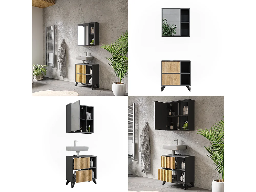 Set di mobili da bagno antracite/quercia di montagna 60x30x62 leano