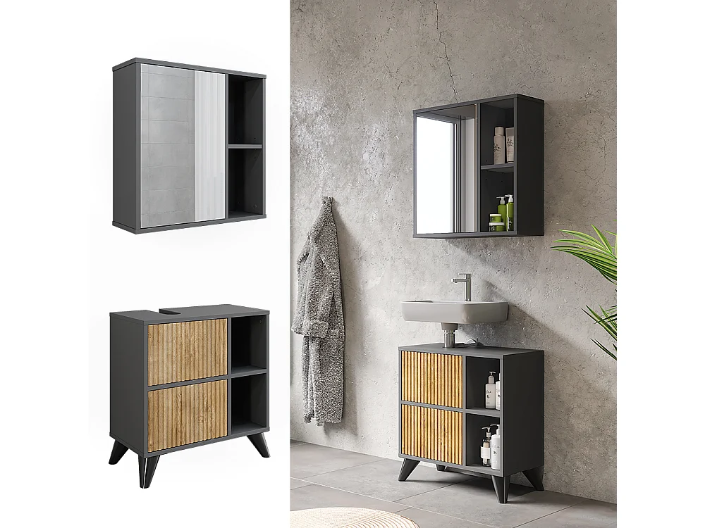 Ensemble de meubles de salle de bain anthracite/chêne de montagne 60x30x62 leano