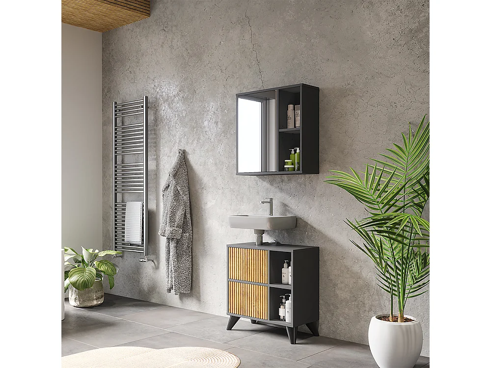 Ensemble de meubles de salle de bain anthracite/chêne de montagne 60x30x62 leano