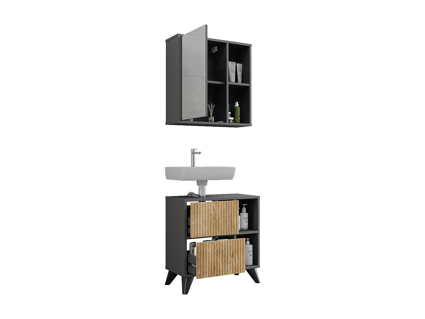 Ensemble de meubles de salle de bain anthracite/chêne de montagne 60x30x62 leano