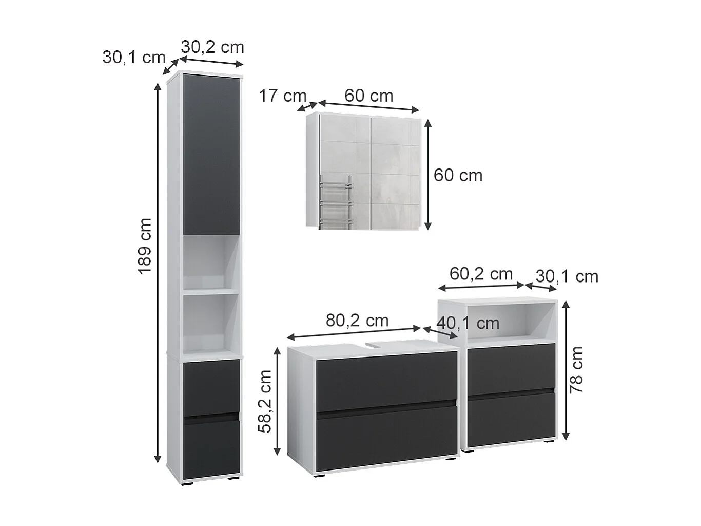 Set de muebles de baño blanco/antracita 80x40x58 maltin