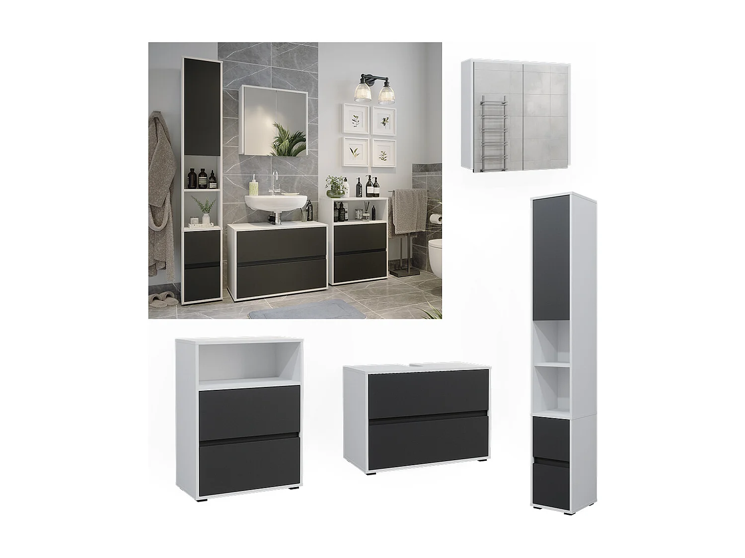 Meubles bain blanc/anthracite 80x40x58 maltin