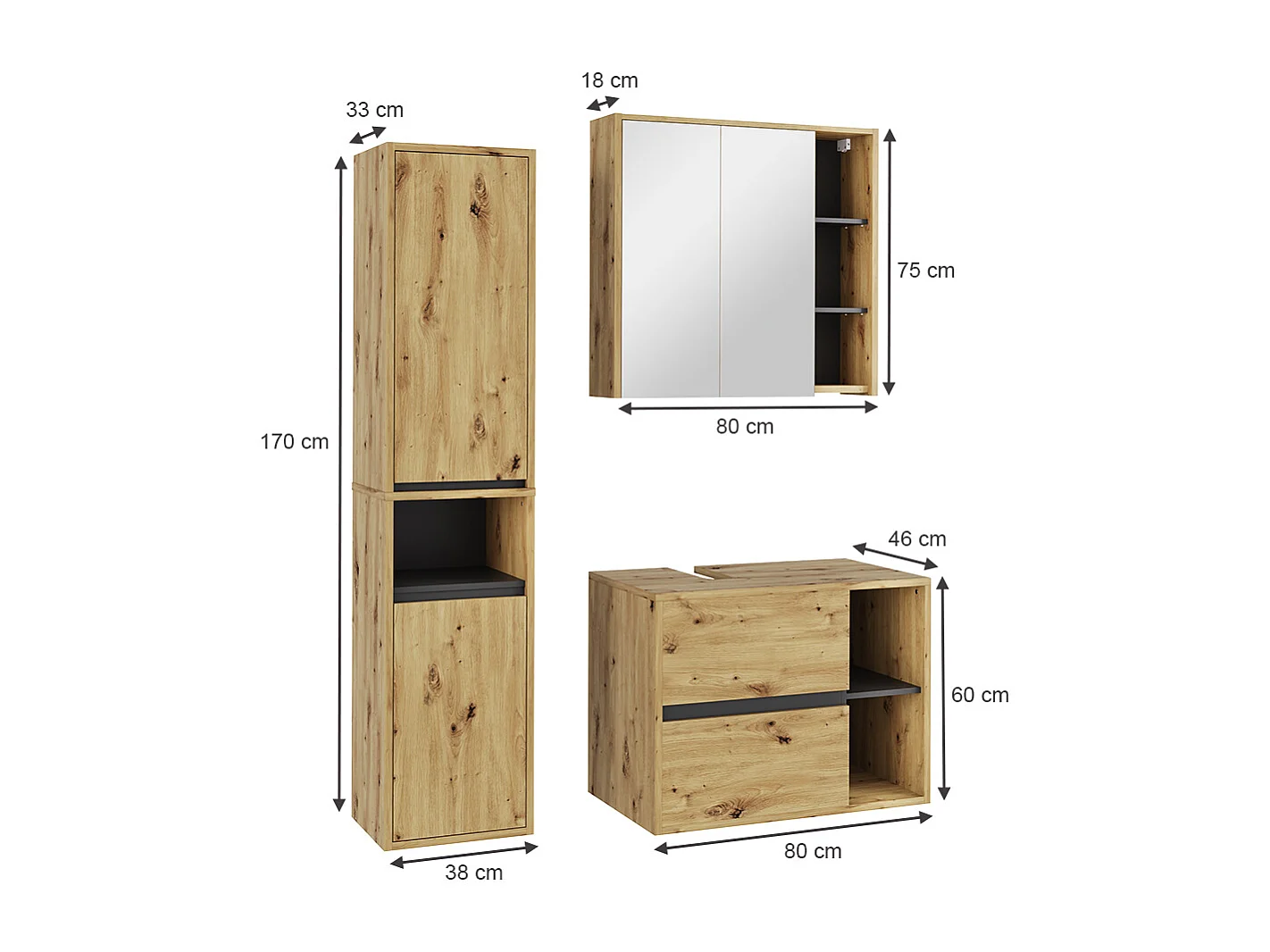 Ensemble de meubles de salle de bain artisan/gris 80x46x60 viola