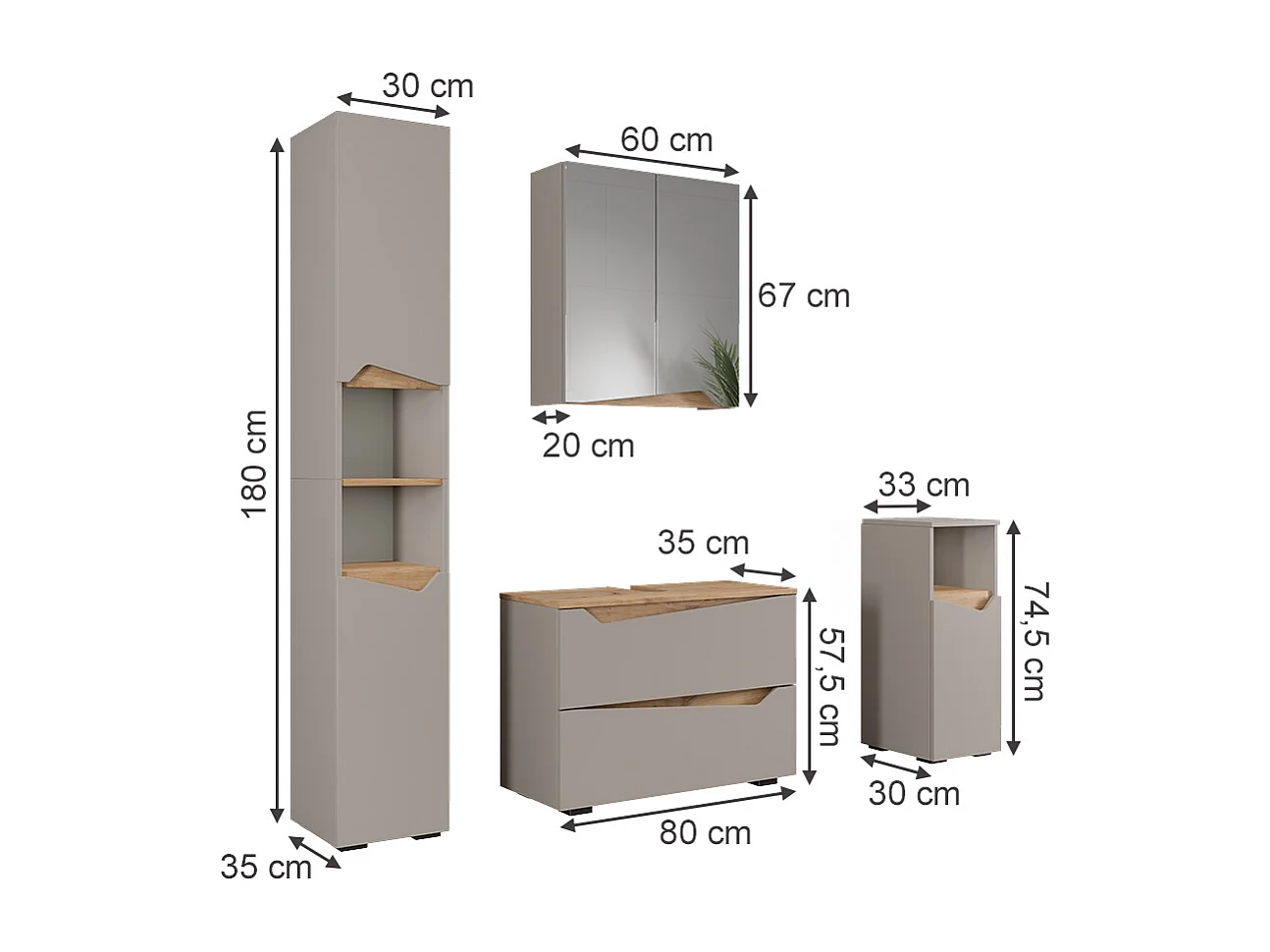 Meubles bain grège 80x35x57.5 marelle
