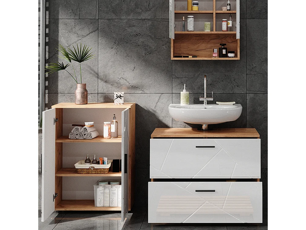 Meubles bain blanc brillant/chêne doré 80x41x58 irma