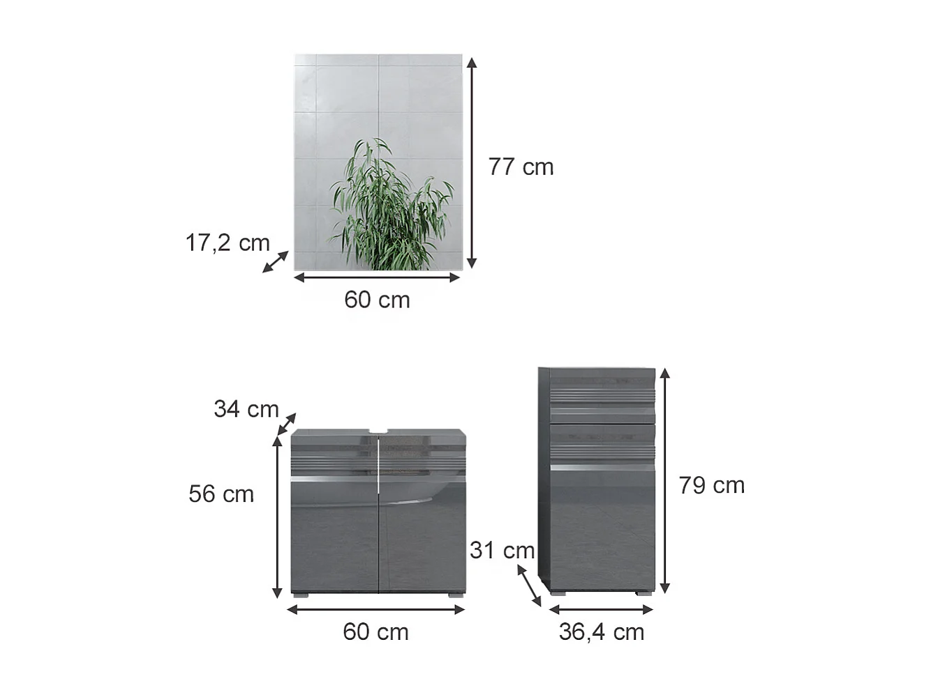 Conjunto de muebles de baño antracita alto brillo 56x34x60 fredd