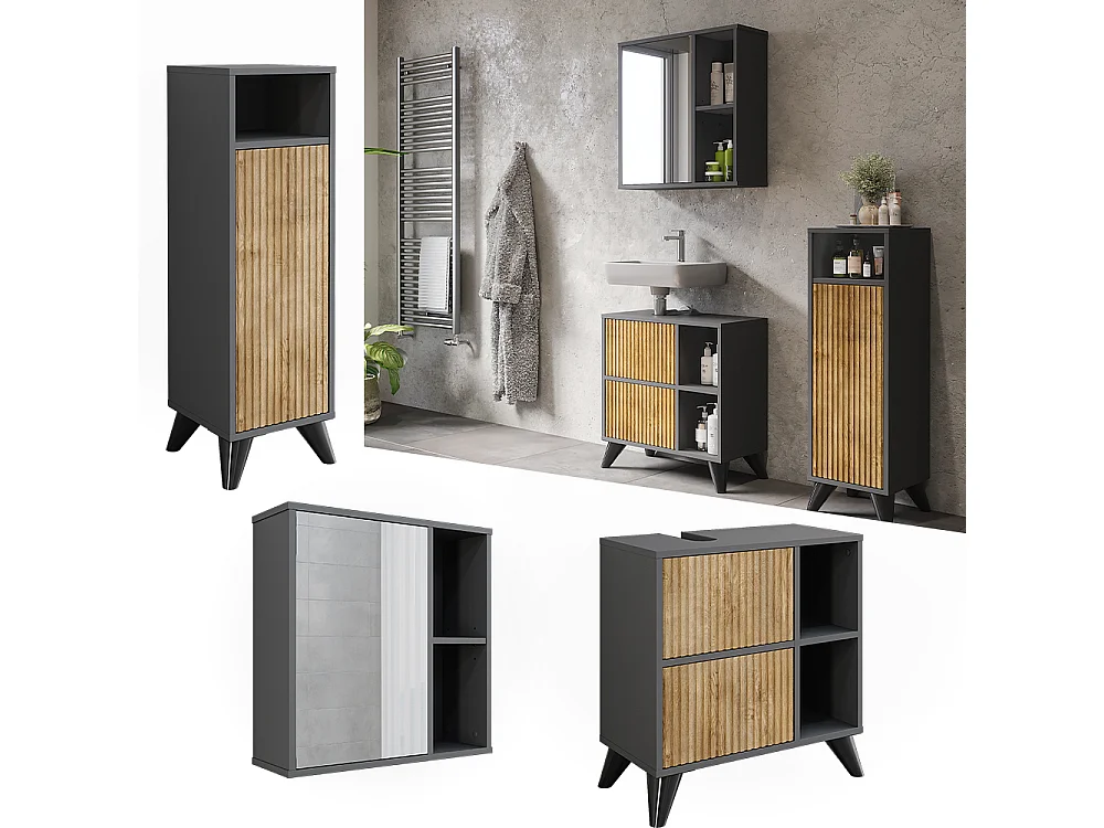 Set di mobili da bagno antracite/quercia di montagna 60x30x62 leano
