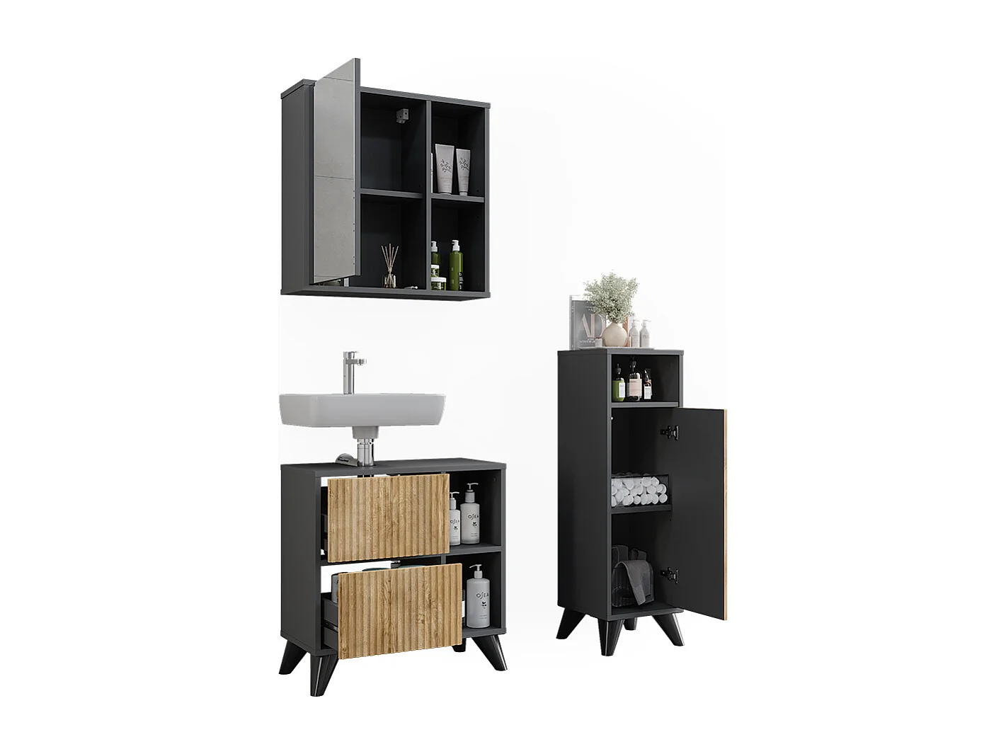 Set di mobili da bagno antracite/quercia di montagna 60x30x62 leano