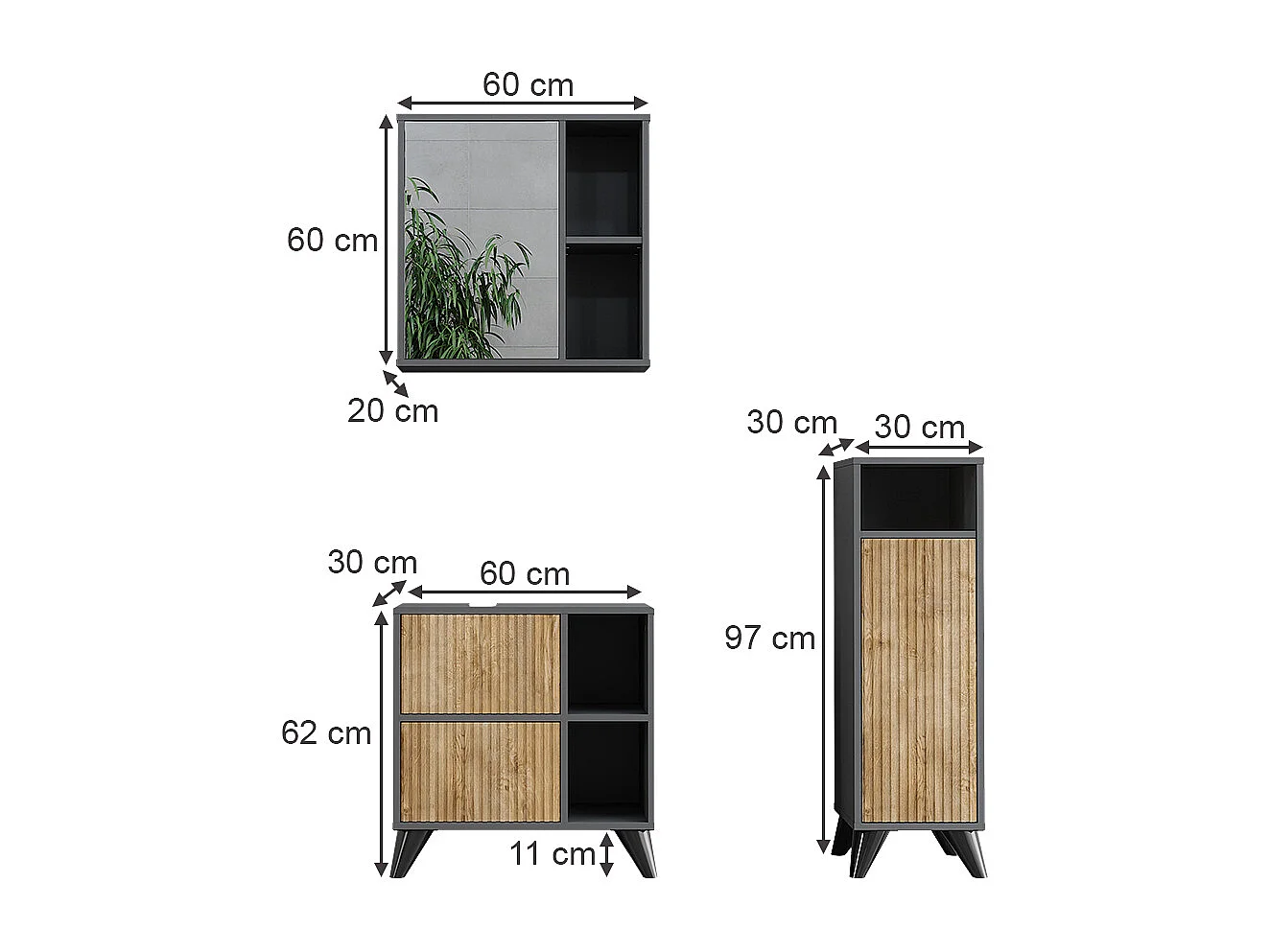 Ensemble de meubles de salle de bains anthracite/chêne de montagne 60x30x62 leano