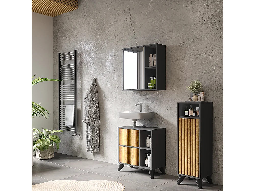 Ensemble de meubles de salle de bains anthracite/chêne de montagne 60x30x62 leano