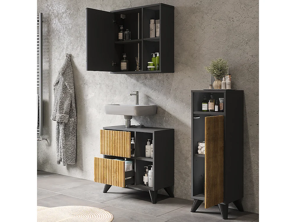 Ensemble de meubles de salle de bains anthracite/chêne de montagne 60x30x62 leano