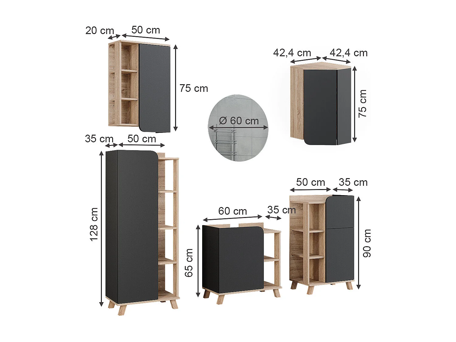 Badeværelsesmøbelsæt sonoma/antracit 60x35x65 karen