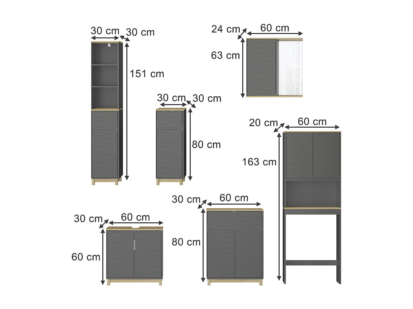 Set di mobili da bagno antracite/quercia 60x30x60 livia