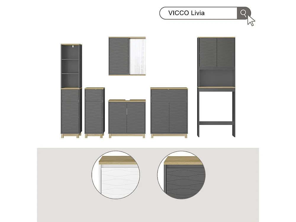 Set di mobili da bagno antracite/quercia 60x30x60 livia