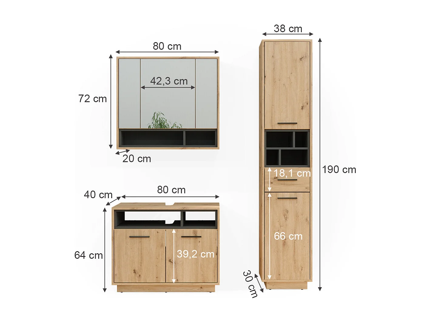 Set di mobili da bagno rovere artigianale 80x40x64 beatrice