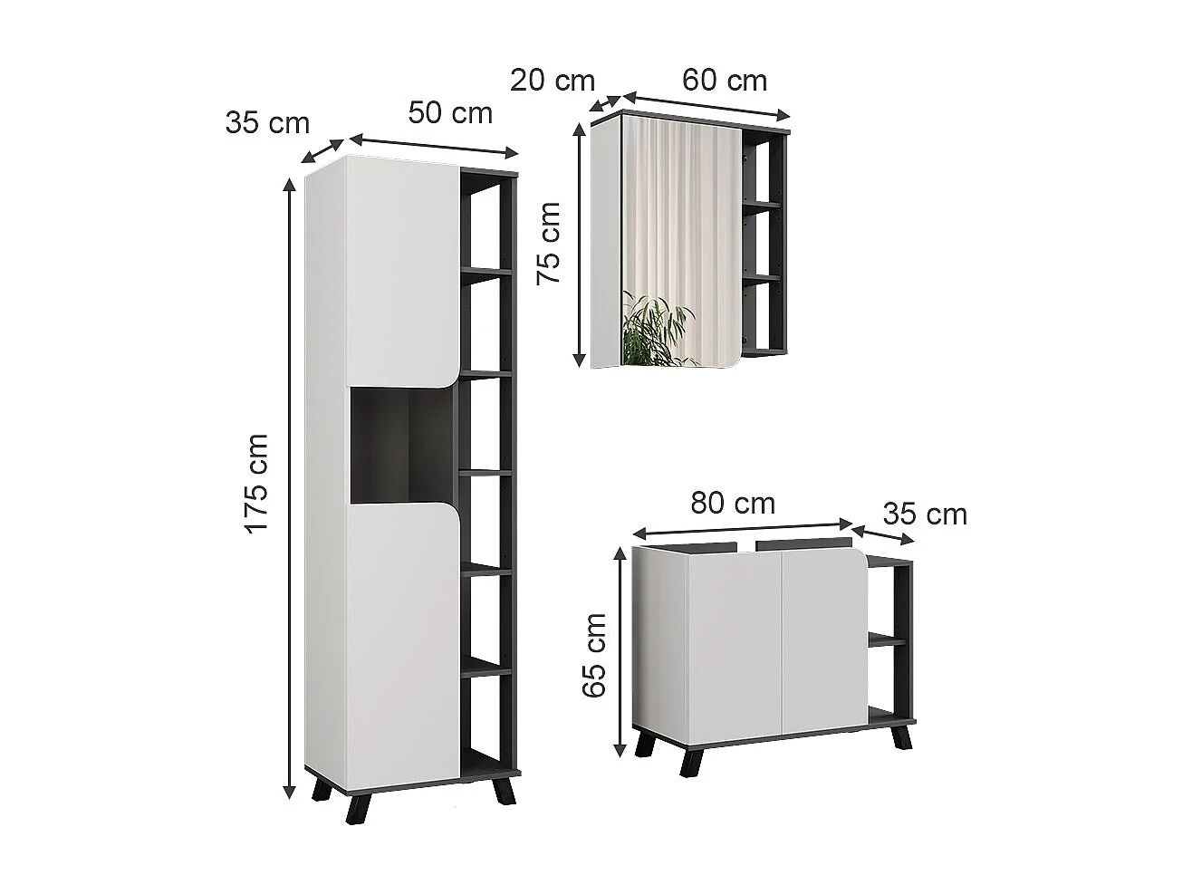 Ensemble de meubles de salle de bains anthracite/blanc 80x35x65 karen
