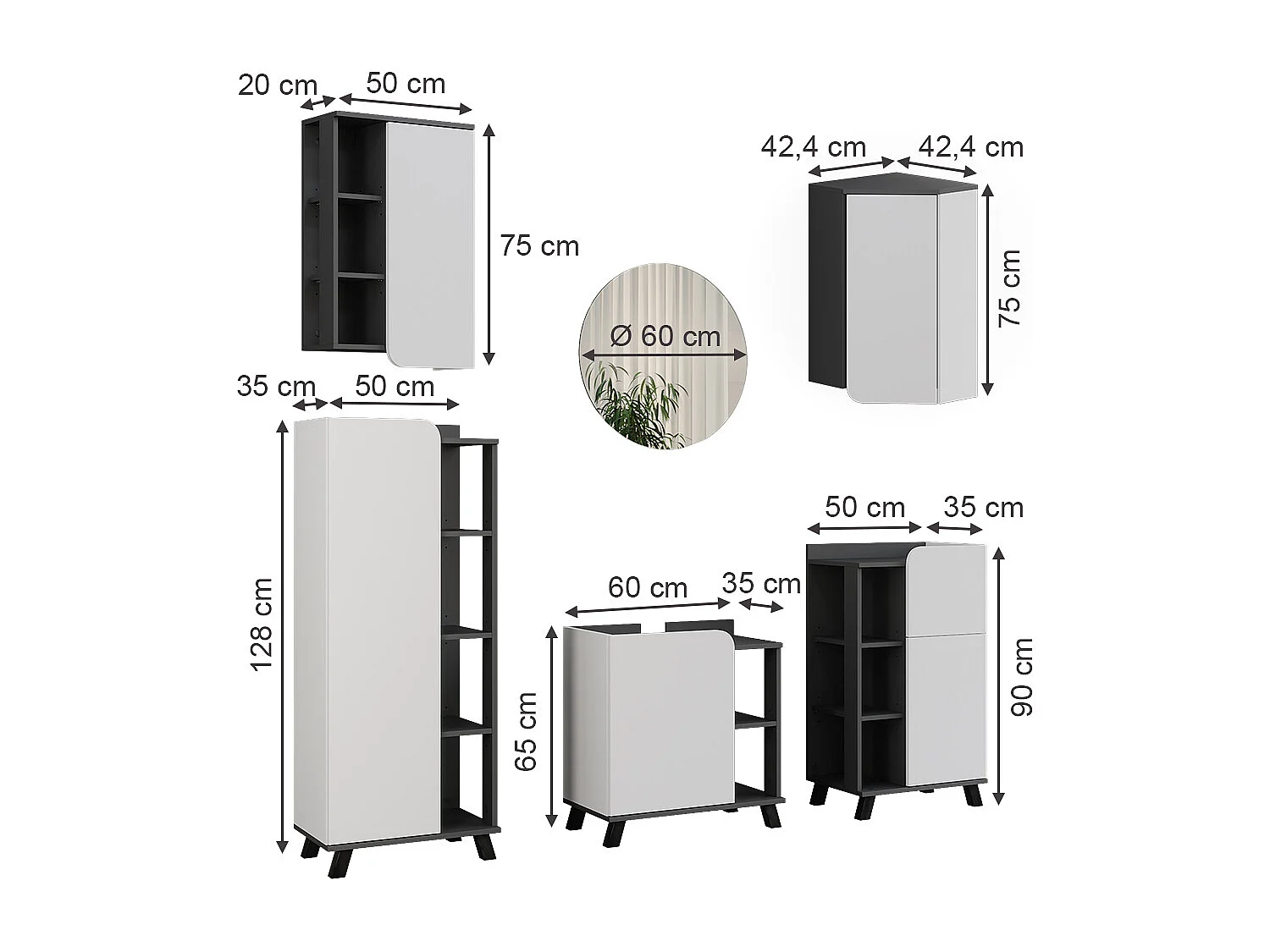 Ensemble de meubles de salle de bains anthracite/blanc 60x35x65 karen