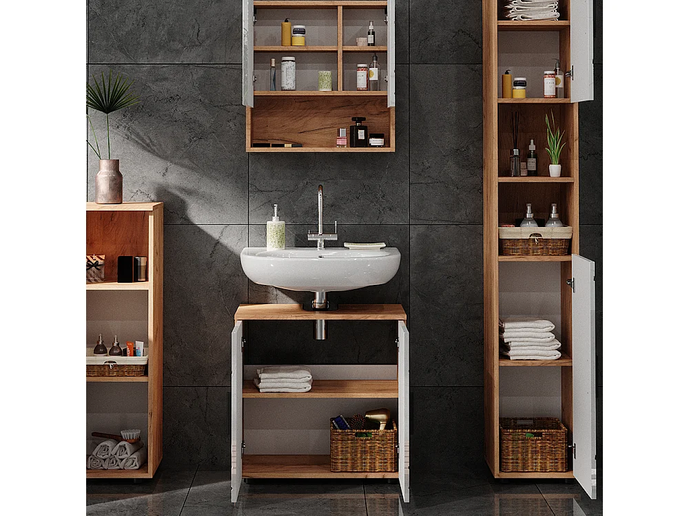 Conjunto de muebles de baño blanco brillo intenso/roble dorado 80x41x58.6 irma