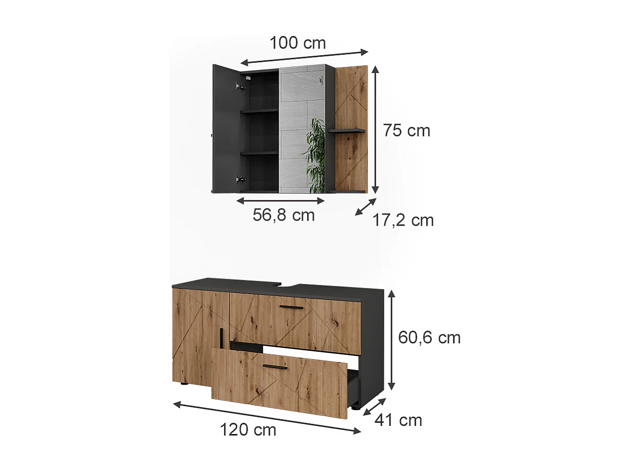 Ensemble de meubles de salle de bains anthracite/artisan 120.1x41x60.6 irma