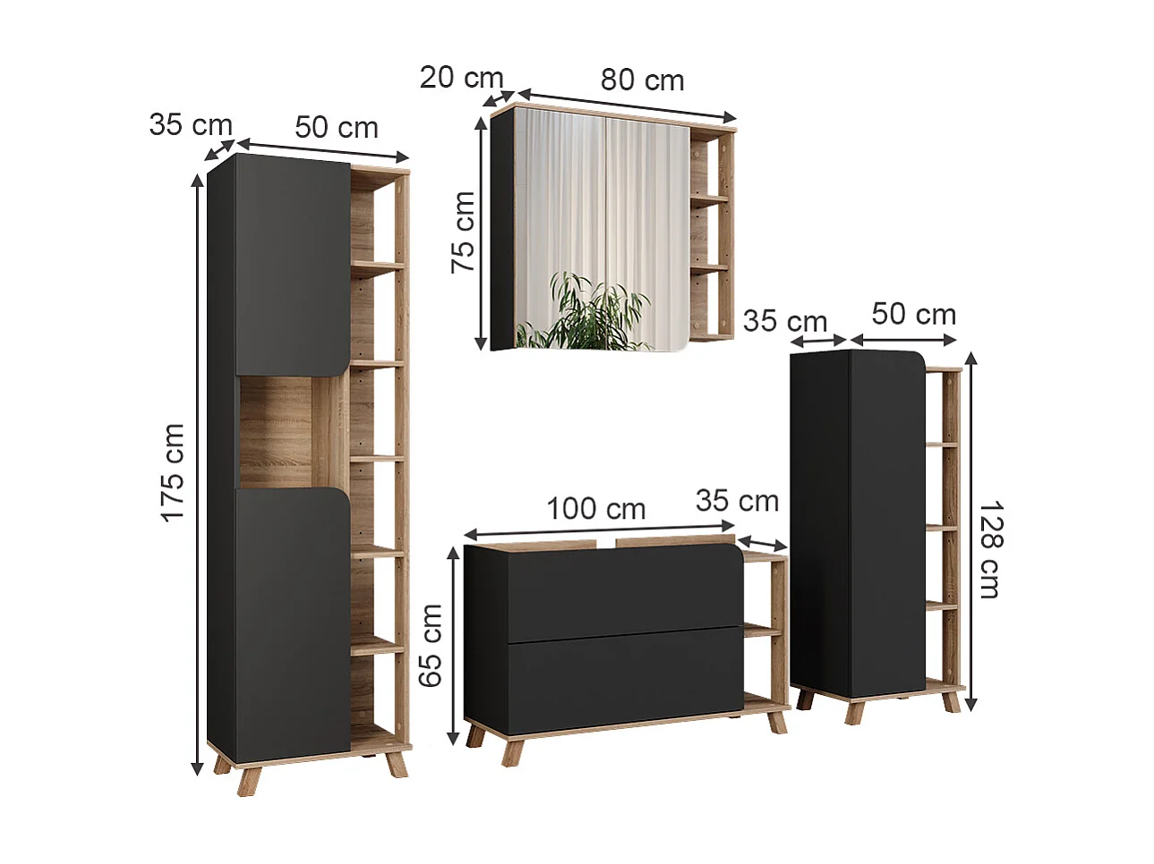 Conjunto de muebles de baño sonoma/antracita 100x35x65 karen