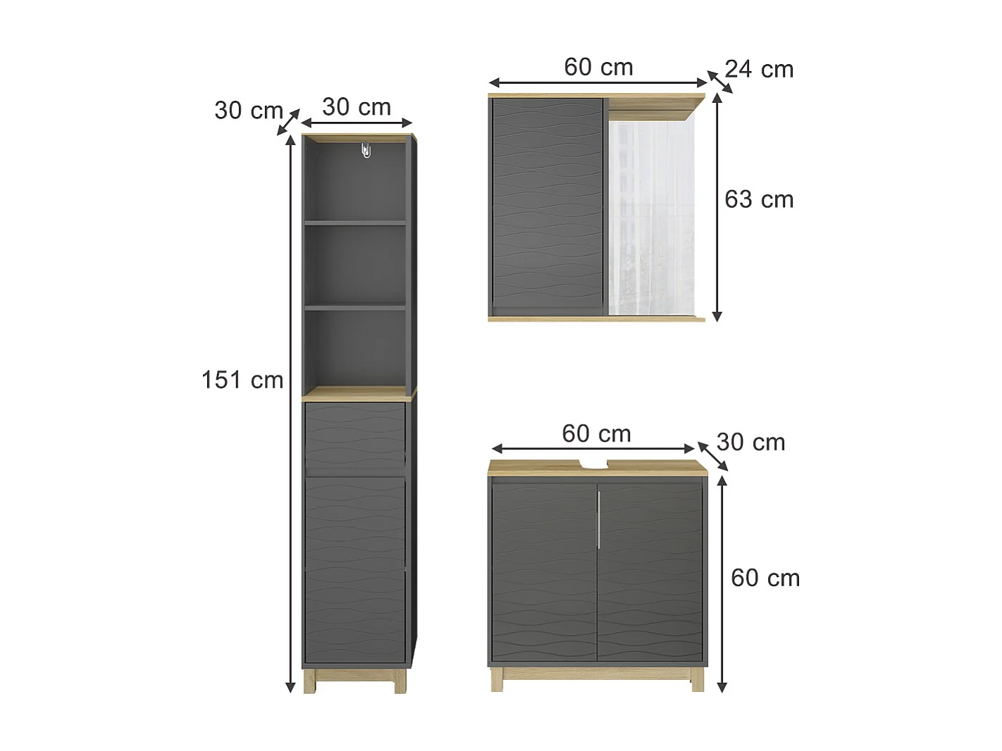 Meubles bain anthracite/chêne 60x30x60 livia