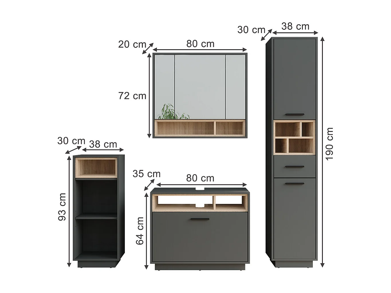 Ensemble de meubles de salle de bains anthracite/sonoma 80x35x64 beatrice