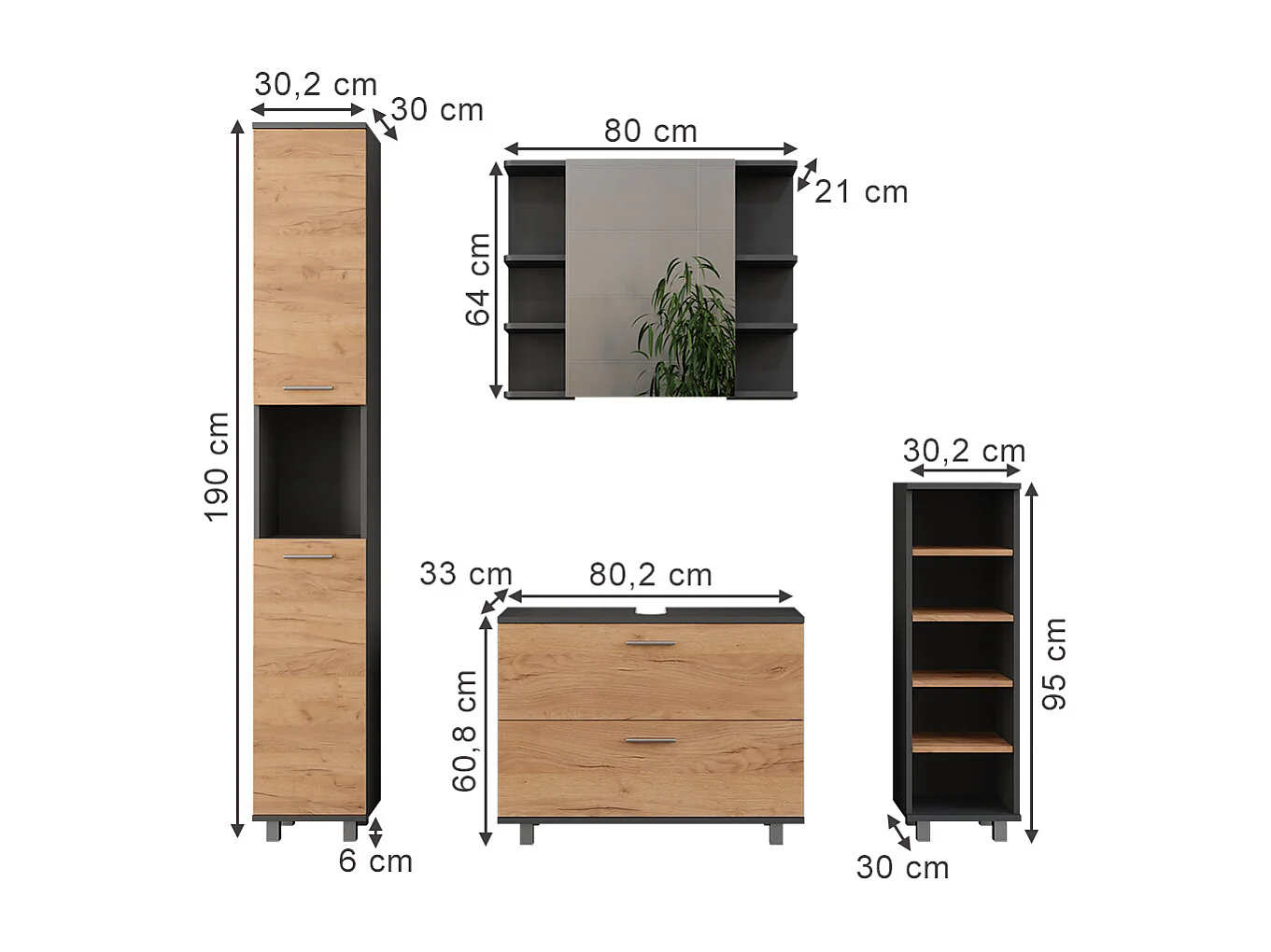 Meubles bain chêne doré/anthracite 80.2x33x60.8 ilias
