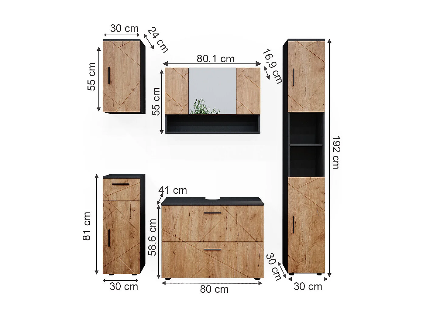 Meubles bain chêne doré/anthracite 80x41x58.6 irma