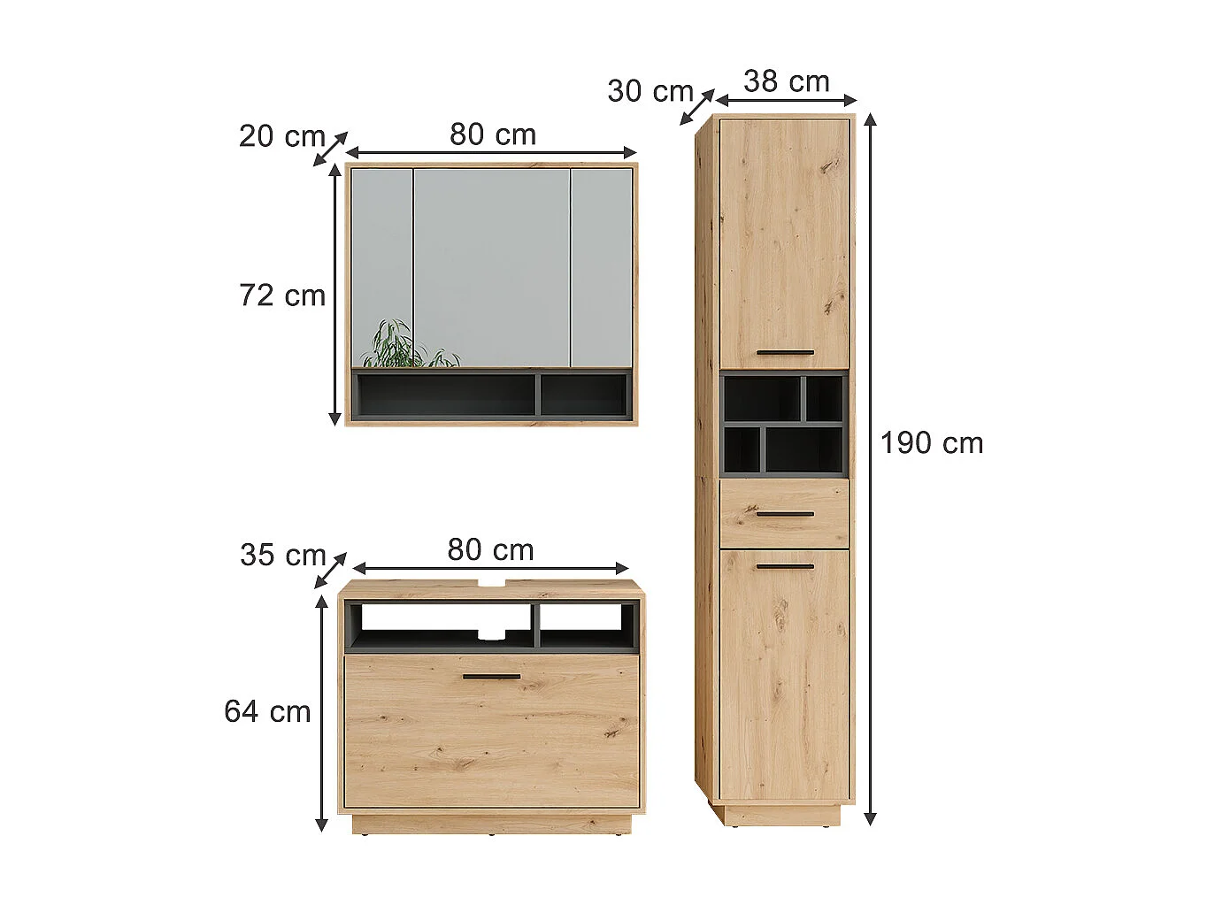 Set di mobili da bagno rovere artigianale/antracite 80x35x64 beatrice