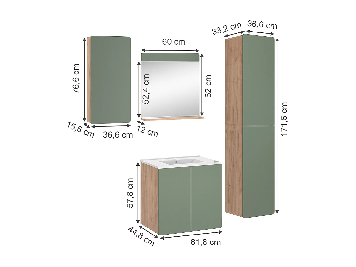 Meubles bain force dor chêne/vert 61.8x44.8x57.8 izan