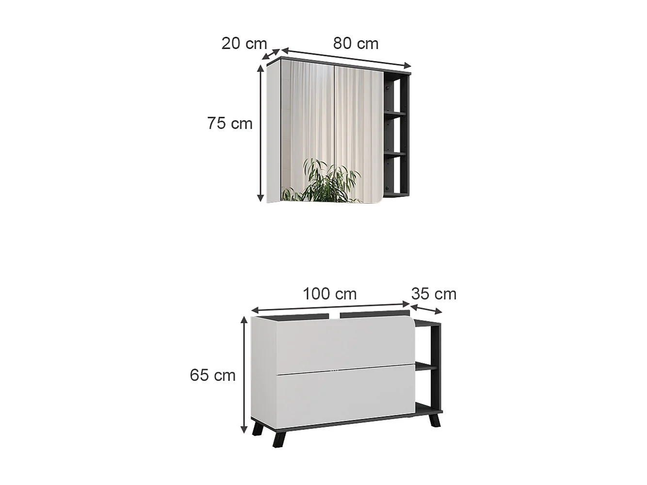 Conjunto de muebles de baño antracita/blanco 100x35x65 karen