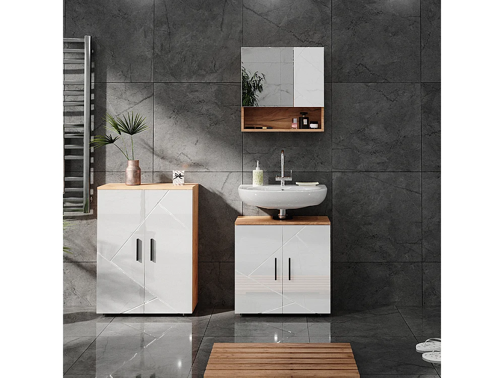 Badmöbel-Set weiß hochglanz/goldkraft eiche 80x41x58.6 irma