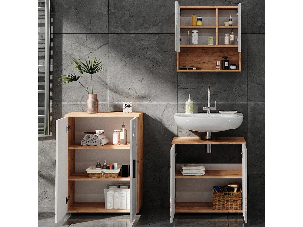 Badmöbel-Set weiß hochglanz/goldkraft eiche 80x41x58.6 irma