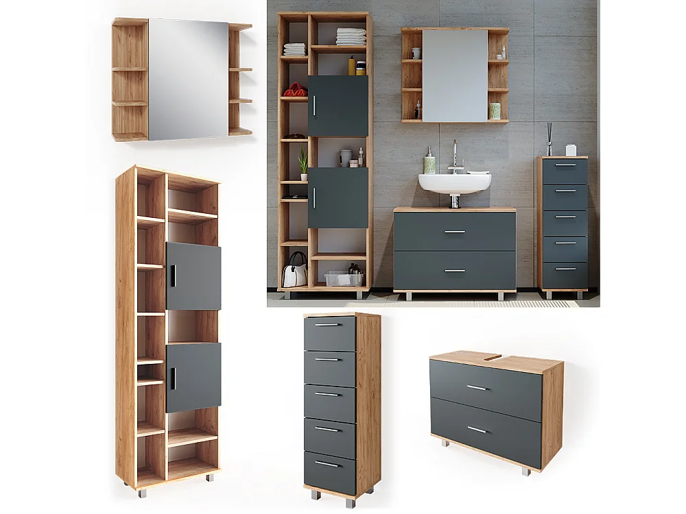 Meubles bain anthracite/chêne doré 80.2x33x60.8 ilias