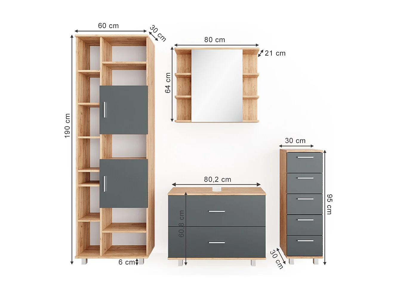Meubles bain anthracite/chêne doré 80.2x33x60.8 ilias