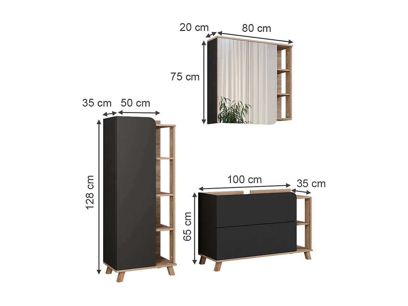 Conjunto de muebles de baño sonoma/antracita 100x35x65 karen