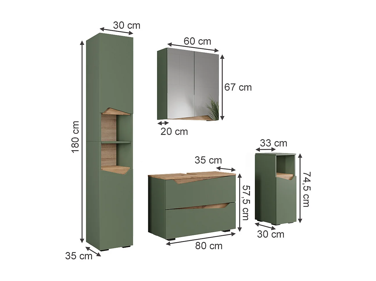 Meubles bain vert/artisan 80x35x57.5 marelle
