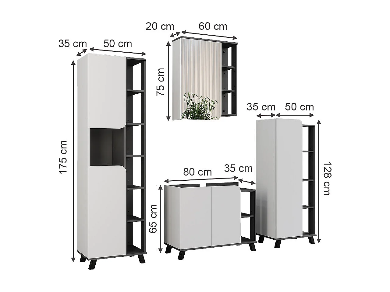 Ensemble de meubles de salle de bains anthracite/blanc 80x35x65 karen