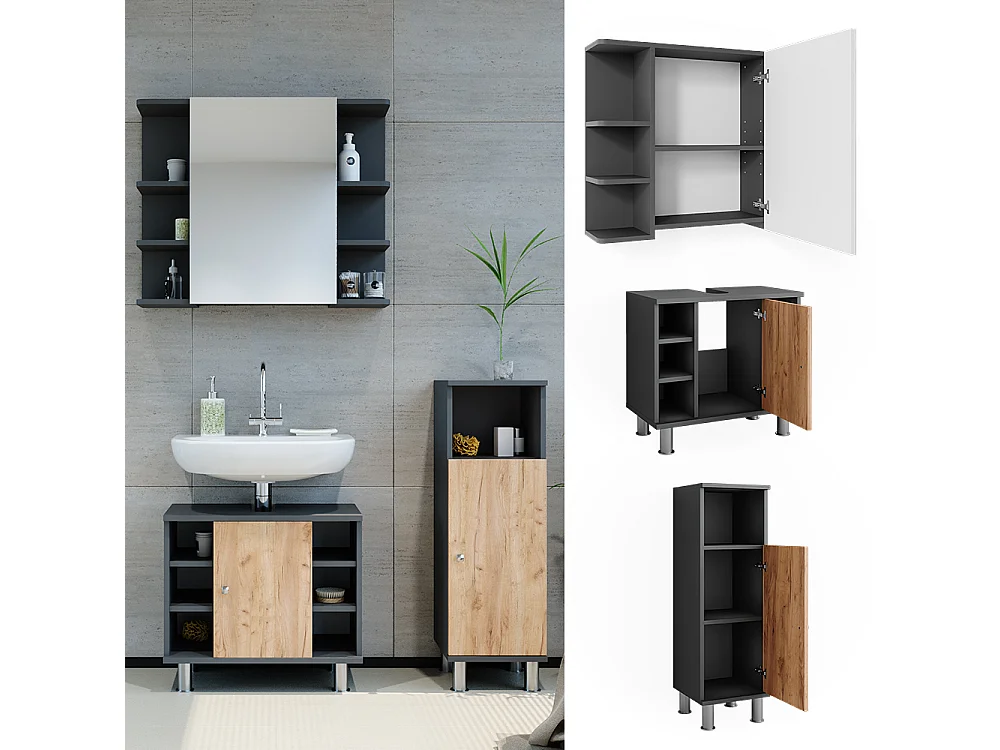 Armadio a specchio per il bagno antracite/quercia dorata 60x32x54 fynn