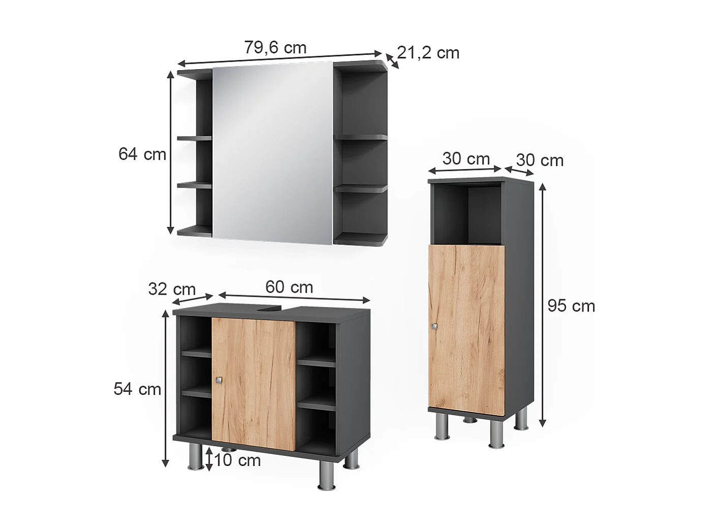 Armadio a specchio per il bagno antracite/quercia dorata 60x32x54 fynn