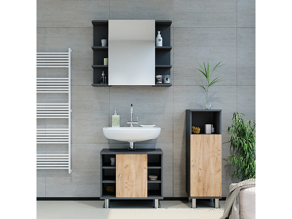 armoire de toilette anthracite/chêne doré 60x32x54 fynn