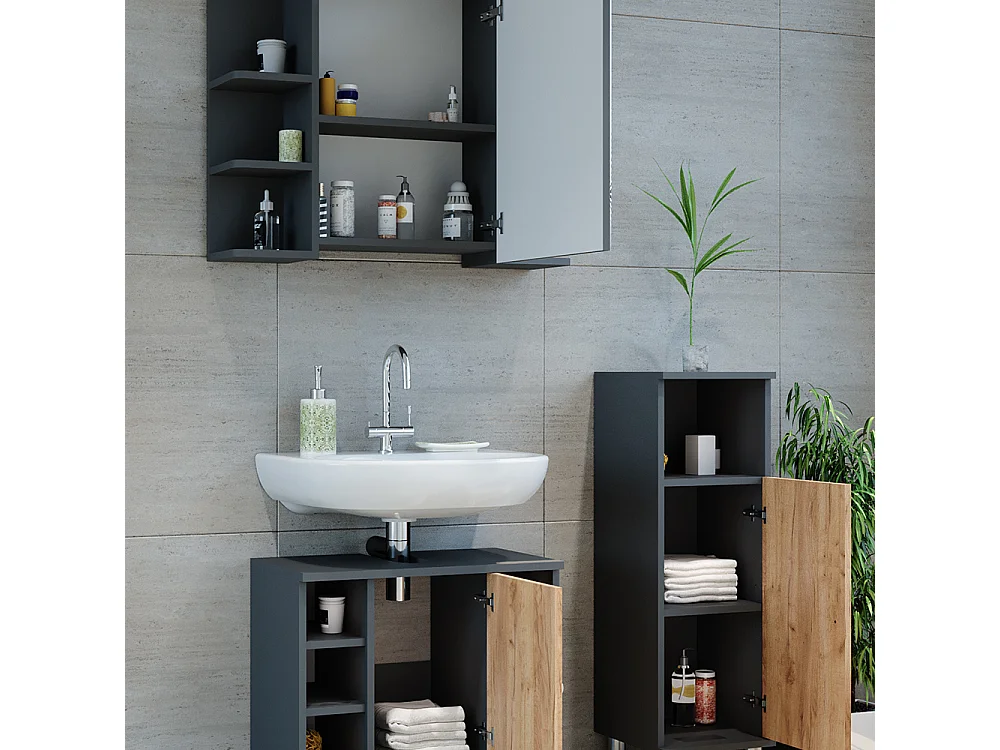 armoire de toilette anthracite/chêne doré 60x32x54 fynn