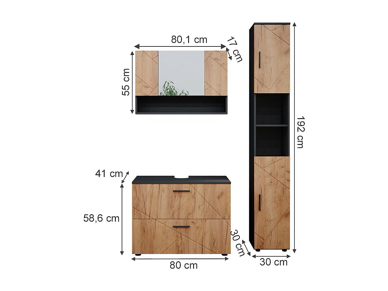 Conjunto de muebles de baño oro power roble/antracita 80x41x58.6 irma