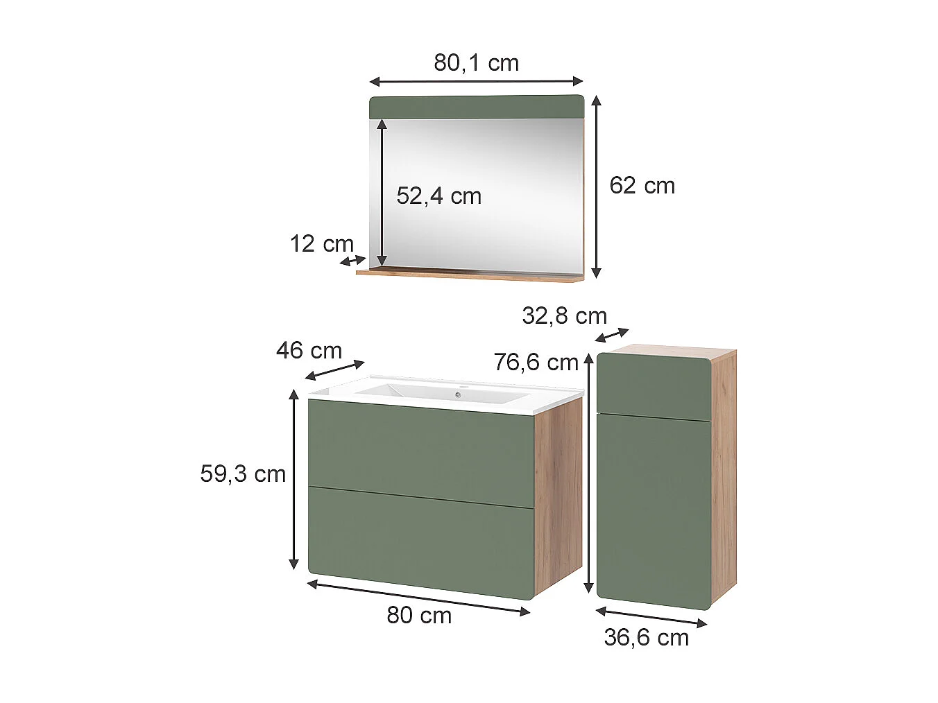 Ensemble de meubles de salle de bains force dor chêne/vert 80x46x59.3 izan