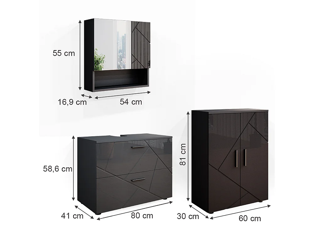 Conjunto de móveis de casa de banho antracite alto brilho 80x41x58 irma