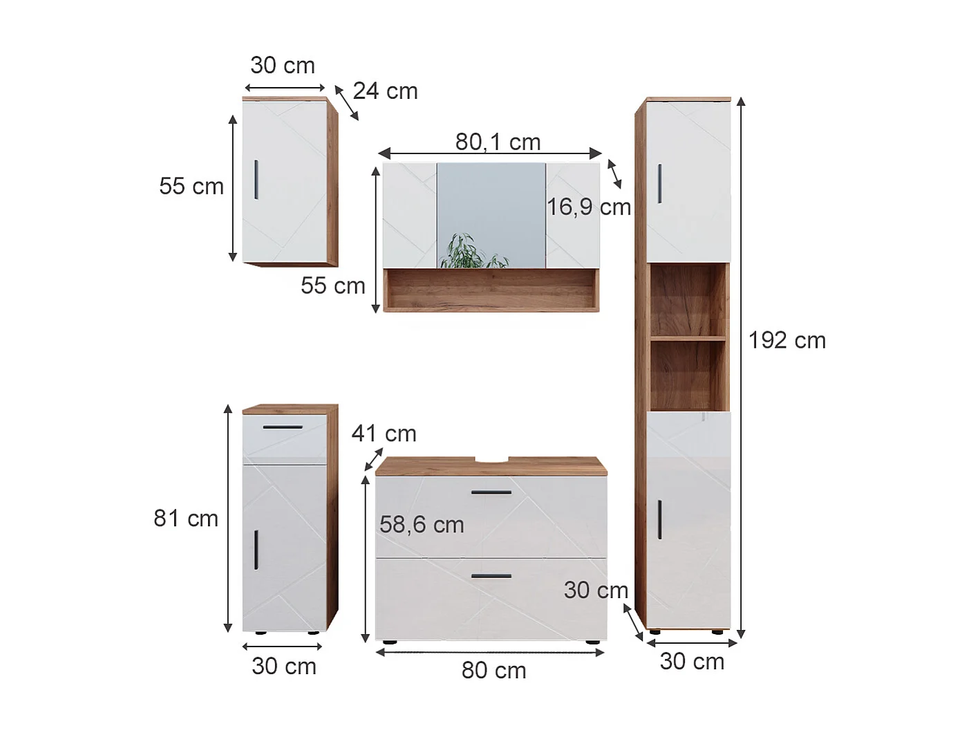 Conjunto de muebles de baño blanco brillo intenso/roble dorado 80x41x58.6 irma