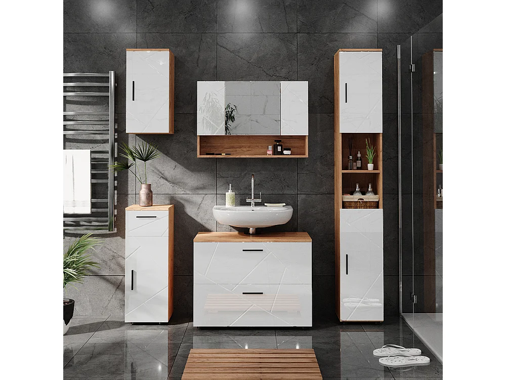Badmöbel-Set weiß hochglanz/goldkraft eiche 80x41x58.6 irma