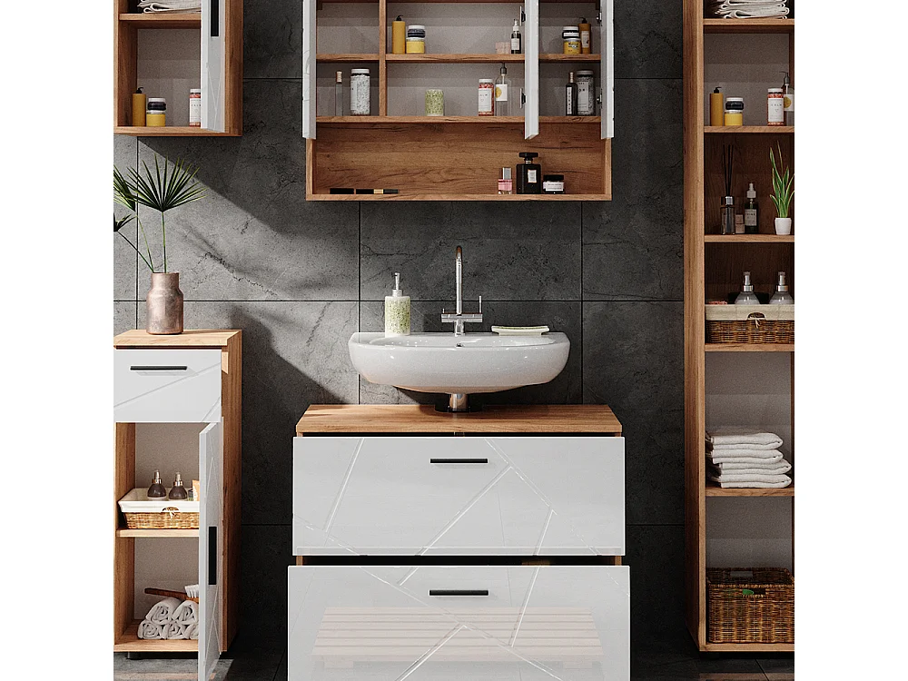 Badmöbel-Set weiß hochglanz/goldkraft eiche 80x41x58.6 irma