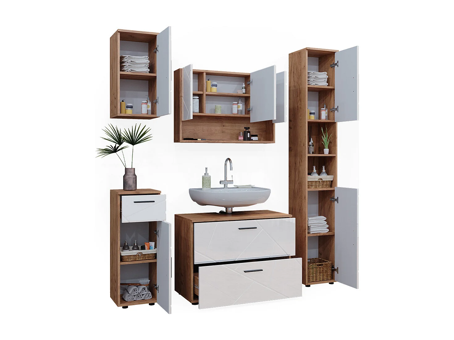 Badmöbel-Set weiß hochglanz/goldkraft eiche 80x41x58.6 irma